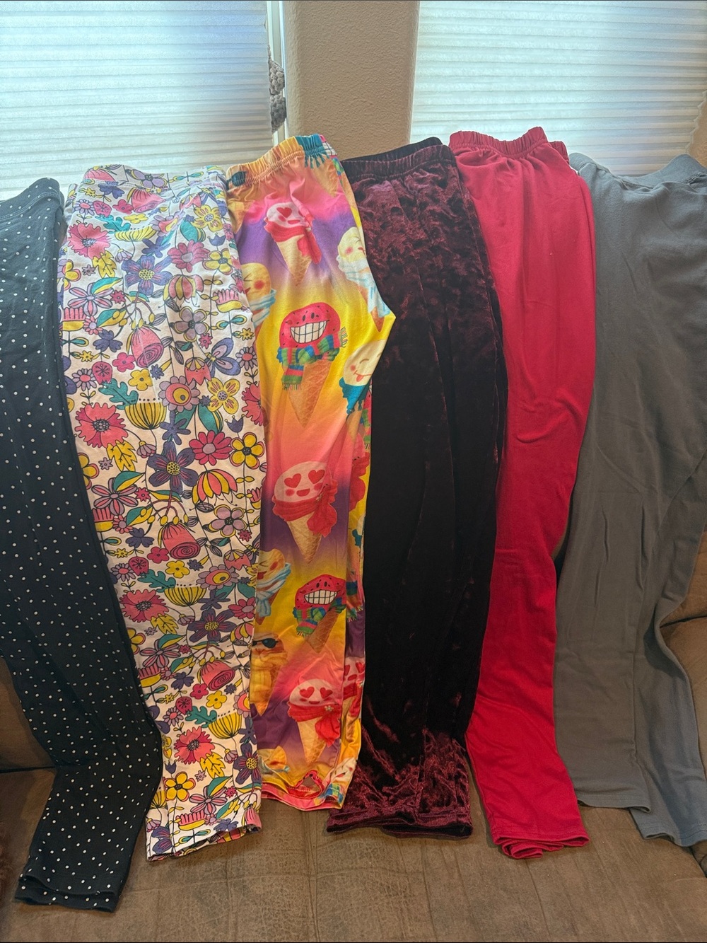 Girls' Large Bright Pink, Burgundy Velvet & Printed Leggings Pack Bundle